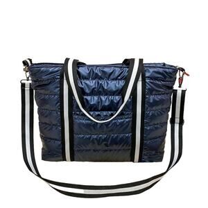 2/$30 Quilted Tote Bag Purse Shoulder Metallic Blue NEW Lightweight Zipper Close